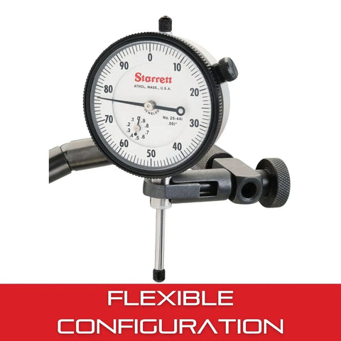 Go-To Auto Alignment Kit With Dial Indicator Magnetic Base Pliers Flex-O-Post And Case close-up, showing 0-100 dial reading
