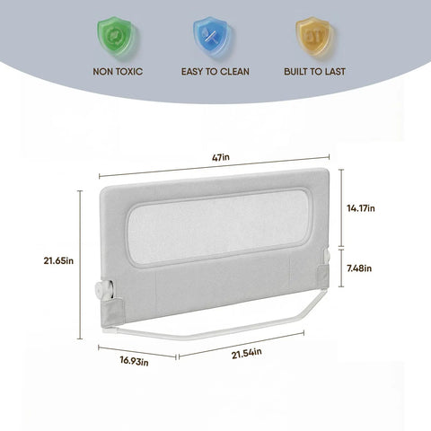 47 Inch Toddler Bed Rail Foldable Baby Guard Built for Safer Sleep with dimensions and feature icons displayed.