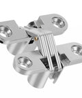 Heavy Duty Concealed Cabinet Hinge Kit Featuring Real Deal Stainless Steel Build And Complete Box Of Mounting Screws For Smooth Swingin Doors And Fine Cabinetry close-up of stainless steel hinge with multiple mounting points.