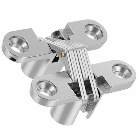 Heavy Duty Concealed Cabinet Hinge Kit Featuring Real Deal Stainless Steel Build And Complete Box Of Mounting Screws For Smooth Swingin Doors And Fine Cabinetry close-up of stainless steel hinge with multiple mounting points.