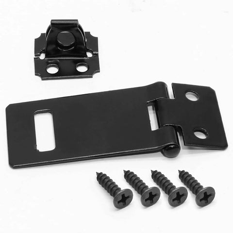 Heavy Duty 2 Inch Padlock Hasps 4 Pack Black Iron Door Slide Latch Lock Set Rust Proof Steel Security Bolts For Gates And Sheds showing hasp and screws.