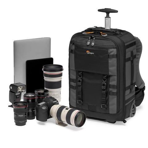 Pro Trekker RLX 450 AW II 28L Camera Roller Backpack with DSLR camera, lenses, laptop, and tablet, black design