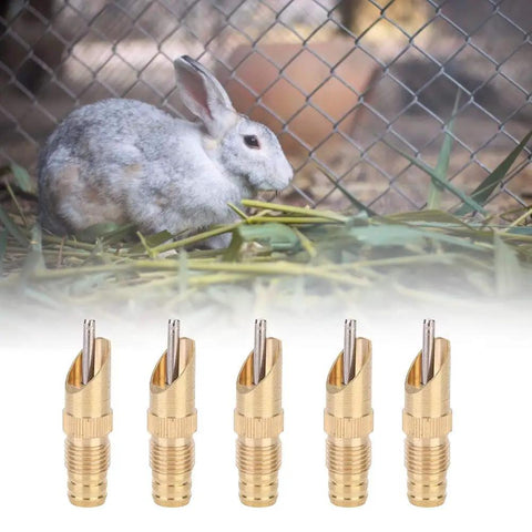 Auto Flow Rabbit Water Feeder Kit With Hose Hookup For Small Critters And Poultry Coops featuring five brass nipples beside a rabbit.