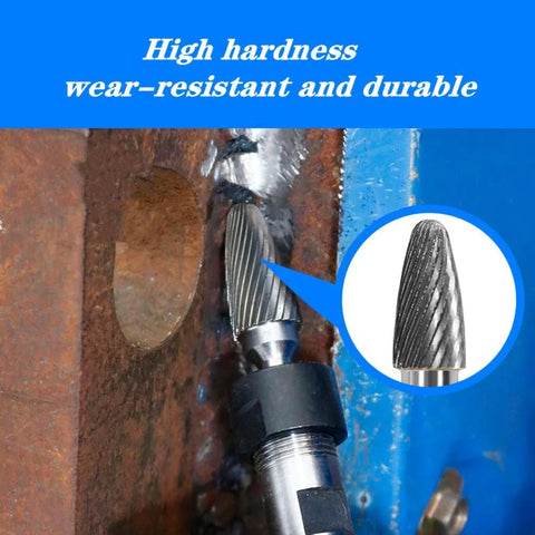 KangTeer carbide burr bit, tree-shaped double-cut, 9/16 in head, 1/4 in shank installed in die grinder.