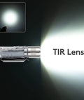 Led Flashlight A28 With UV And Red Side Signal Light 1000 Lumen showing TIR lens and bright white beam