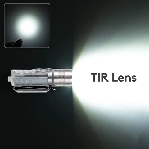 Led Flashlight A28 With UV And Red Side Signal Light 1000 Lumen showing TIR lens and bright white beam