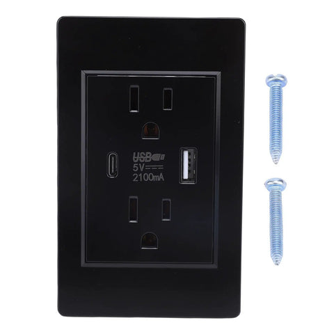 Heavy Duty Wall Outlet With Killer Usb And Type C Charging Ports, 15 Amp Electrical Receptacle, modern black with screws.