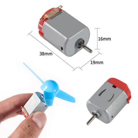 Hands On STEM Motor Kit With Plastic Gears And Mini DC Motors 1.5 to 3V 9000 to 25000 RPM No Load Battery Holder Case 9V Clip And Rocker Switch Wires Shaft Propeller For Hands On Science Projects showing mini DC motors and propeller.