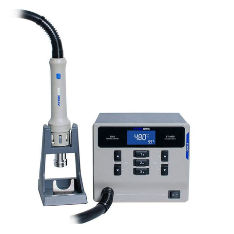 Front view of a 1000W Soldering Station With Intelligent Hot Air Rework For Diy Phone And PCB Repairs, three-channel control station.