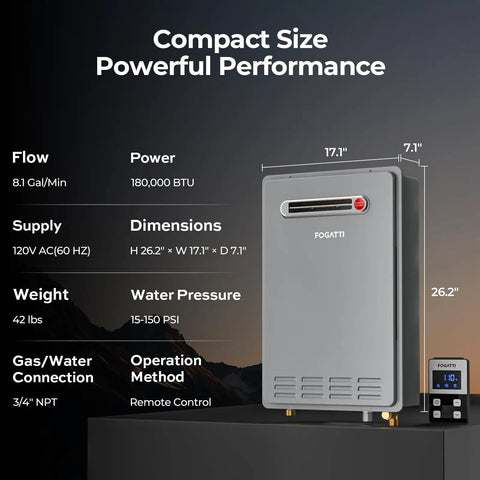 Kick The Cold Drafts With This Heavy Duty Tankless Water Heater Natural Gas Outdoor Unit dimensions and specs displayed clearly.