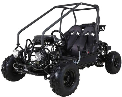 Black 125cc Kids Go Kart With Reverse Gear And Two Seater, Kandi Mini Raptor GK110 for youth, rugged build, side view