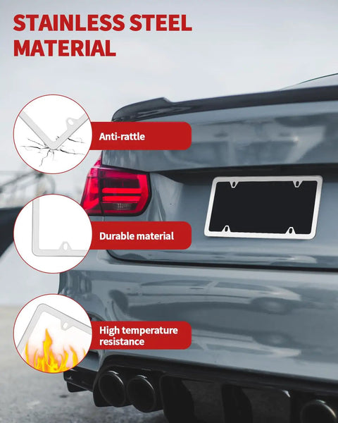 Car with Zinc Alloy Chrome License Plate Frame Universal Car Accessory Slim Durable Design That Never Rusts Or Breaks.