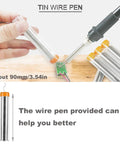 Person using a tin wire pen to solder electronic components on a circuit board with several pens in background.