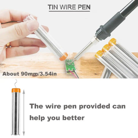 Person using a tin wire pen to solder electronic components on a circuit board with several pens in background.
