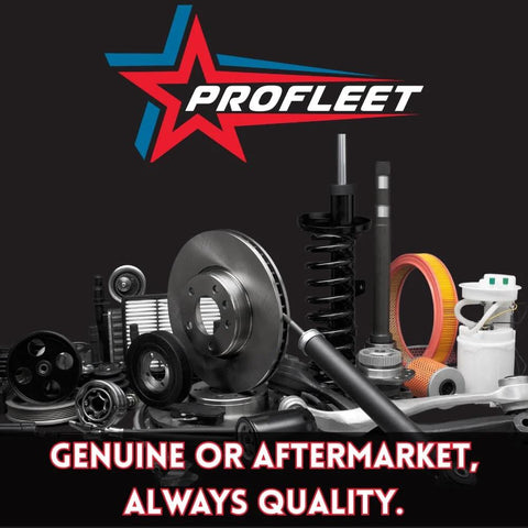 Front view of Profleet automotive parts collage showing brake rotor, coil spring, shock absorber, belts and filters.