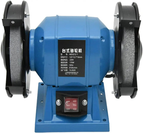No Sweat Five Inch Desktop Bench Grinder Sharpener Solid Frame With Bright Work Light And Dual Grit Wheels rear view with dual wheels and power switch
