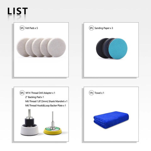 2 Inch Felt Polishing Buffing Pad Kit With 8 Polishing Sanding Discs And A Felt Wheel With Towel For Rotary Tools To Polish Glass And Metal 3 Millimeter Shank Backing Pad Included 2 Inch Sets Pro Grade showing felt pads, sanding paper, drill adapter, and towel.