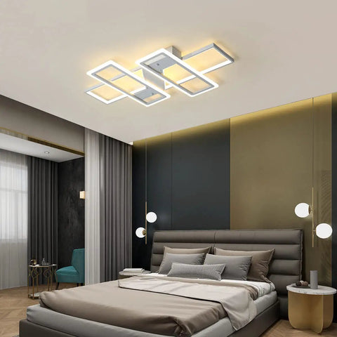 Four Square Dimmable LED Ceiling Light With Remote Control For Living Room, Bedroom, Dining And Kitchen 80W Acrylic Flush Mount Fixture, Sleek Dope Modern Square Design, Color Temperature Adjustable From Cool White To Warm White in bedroom setting.