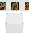 Rugged IP65 Waterproof ABS Plastic Enclosure For Electronics 120x120x90mm with mounting holes, shown with wires
