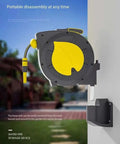 Hassle Free Wall Mounted Hose Reel With No Sweat Auto Rewind and Slick 180 Degree Swivel Bracket for Tangle Free Patio Garden Watering Holding Up To 32 Meters Of Heavy Duty Hose, featuring yellow and gray design.