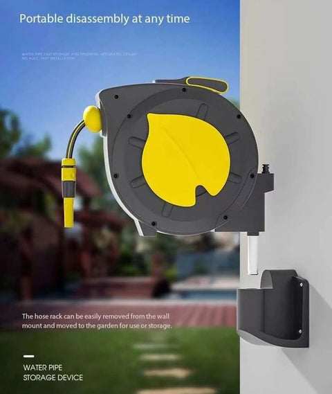 Hassle Free Wall Mounted Hose Reel With No Sweat Auto Rewind and Slick 180 Degree Swivel Bracket for Tangle Free Patio Garden Watering Holding Up To 32 Meters Of Heavy Duty Hose, featuring yellow and gray design.