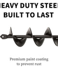 Side view of garden auger drill bit, 1.6 x 16.5 in, black steel spiral blades for planting bulbs with 3/8 in hex drill