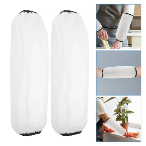 Heavy Duty Waterproof Arm Sleeves Oil Proof Oversleeves For Kitchen Mechanics And Welding Thickened Tpu extenders in white with black elastic cuffs.