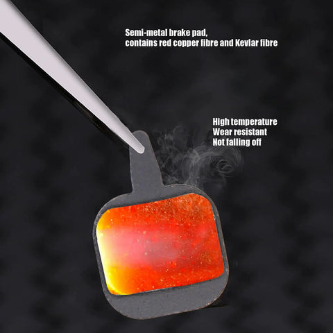 Premium Bicycle Disc Brake Pads Two Pack For Tektro Io Novela Aquila Hydraulic Mechanical Systems Featuring Resin Kevlar Blend close up of semi-metal brake pad with red copper and Kevlar fibres.