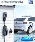 Level 2 Portable EV Charger With 32A 7.68kW Output 25Ft Cable Plug And Play App Control Delay Timer Adjustable Current Fast Home Charging For All J1772 EVs Great For Home And Garage Use installed on outdoor wall charging white electric car with 25ft cable
