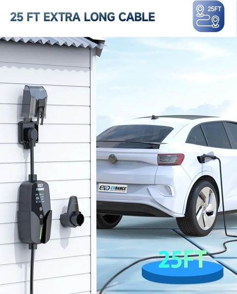 Level 2 Portable EV Charger With 32A 7.68kW Output 25Ft Cable Plug And Play App Control Delay Timer Adjustable Current Fast Home Charging For All J1772 EVs Great For Home And Garage Use installed on outdoor wall charging white electric car with 25ft cable