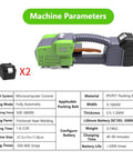 Portable 2 In 1 Electric Strapping Machine With Automatic Welding Tensioner And Cutter For 1/2 To 5/8 Inch PP PET Tape shown with battery details.