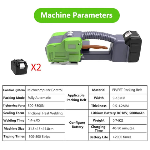 Portable 2 In 1 Electric Strapping Machine With Automatic Welding Tensioner And Cutter For 1/2 To 5/8 Inch PP PET Tape shown with battery details.