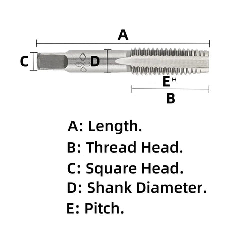 Diagram of M8 X 1.25 Metric Hand Tap For Metal Repair dimensions; length, thread head, square shank, shank diameter, pitch shown.