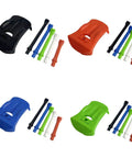 Stable Base Golf Tees And Ball Holder For Home Practice with black, red, blue, and green holders and multi-color tees.