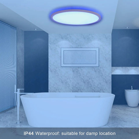 Flush Mount LED Ceiling Light With Remote Control illuminating a modern bathroom, highlighting its IP44 waterproof feature.