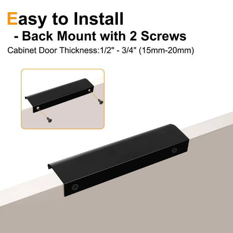 Matte Black Edge Finger Pulls 10 Pack, Concealed Drawer Handles With 10 Inch Hole Centers, installed on cabinet edge