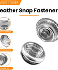 120 Piece Leather Snap Fasteners Kit With 3 Setter Tools 15mm Stainless Steel Snaps For Leather Clothing Fabric Bags Canvas DIY Crafts Silver With Storage Box visible with close-up of metal snap components and locking design.