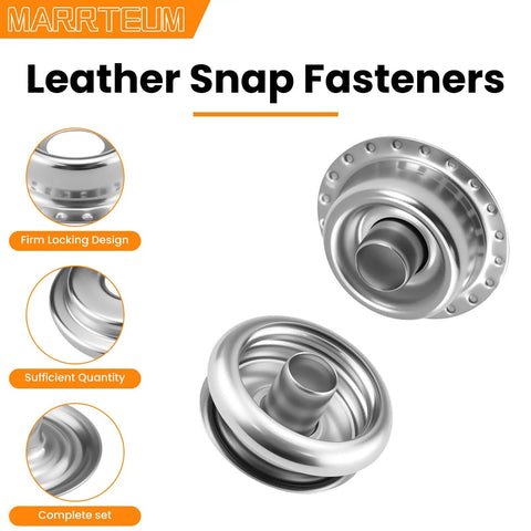 120 Piece Leather Snap Fasteners Kit With 3 Setter Tools 15mm Stainless Steel Snaps For Leather Clothing Fabric Bags Canvas DIY Crafts Silver With Storage Box visible with close-up of metal snap components and locking design.