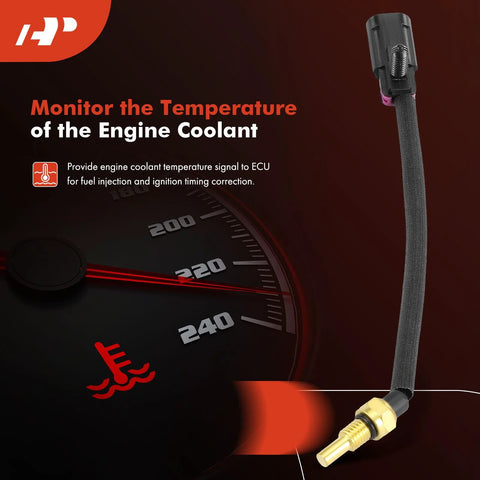 Close-up of A-Premium coolant temperature sensor with wiring harness; brass-colored sensor tip and black braided sleeve.