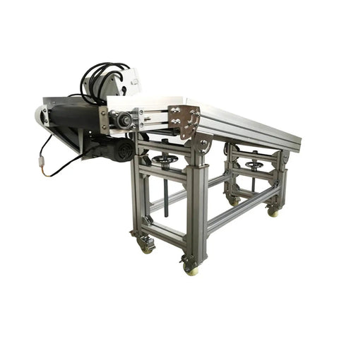 Electric Plane Ramp Conveyor Machine With PVC Belt 59 Inch Long And 11.8 Inch Wide Height Adjustable From 19.6 To 31.5 Inches 110V 120W Black Workhorse Build Portable Aluminum Frame Flat Slope Type, side view