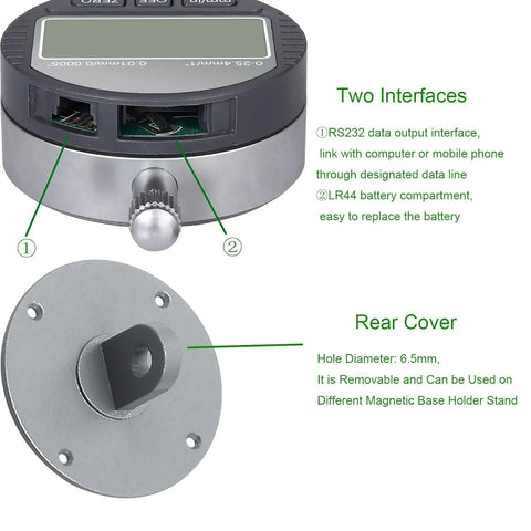 Front view of HDLNKAK brake disc flatness gauge with digital display and 1in indicator.