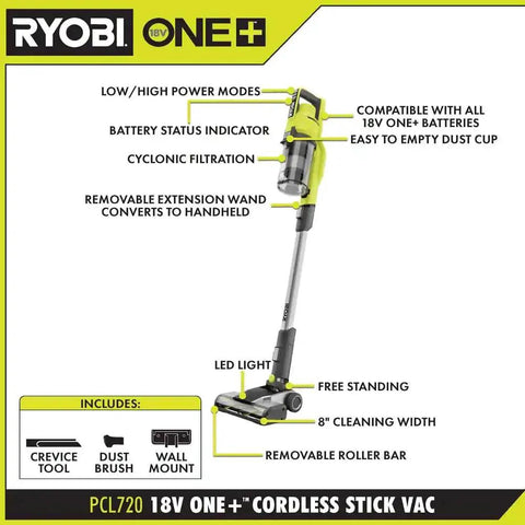 Heavy Hitting Cordless Stick Vacuum Cleaner With 18 Volt Battery And Quick Charger features low/high power modes and removable components.