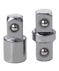 Two chrome 3/8-in socket sleeve adapters with square-drive ends and ball detents.