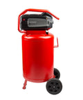 20 Gallon Oil Free Air Compressor With 1.8 HP Motor Pushing A Full 175 PSI Dual Quick Couplers in vivid red with wheels.