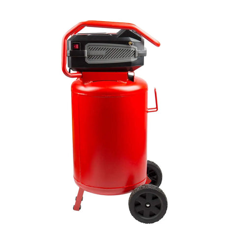 20 Gallon Oil Free Air Compressor With 1.8 HP Motor Pushing A Full 175 PSI Dual Quick Couplers in vivid red with wheels.