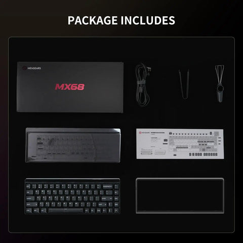 Package contents of the Ridiculously Snappy 68 Key Mechanical Gaming Keyboard including keyboard, cable, and accessories.