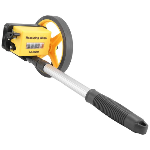 Measuring Wheel with Foldable Telescopic Handle, 0-9999.9m Range, yellow and black design, showing large wheel and handle.