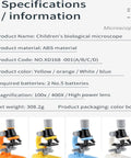 Specifications for kid friendly microscope for classroom and home science lab 100X to 1200X high power biological microscope for ages four to fifteen easy setup includes slides set for realistic observations and STEM learning.