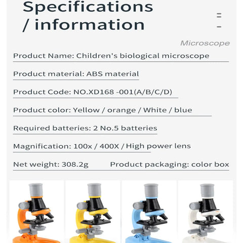 Specifications for kid friendly microscope for classroom and home science lab 100X to 1200X high power biological microscope for ages four to fifteen easy setup includes slides set for realistic observations and STEM learning.