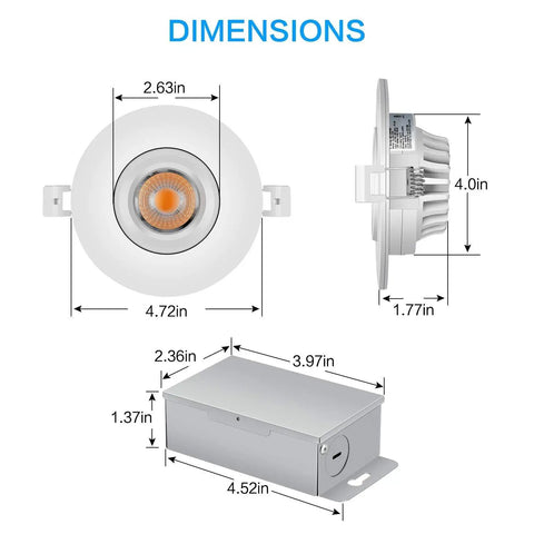 Dimensions of 4 Pack 4 Inch Gimbal LED Recessed Light With 3 CCTs 2700K 3000K 4000K 12W 100W Eqv IC Rated 1000 Lumen